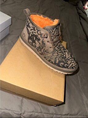 UGG Kids Brown Graffiti Ankle Boots with Orange Lining